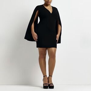 River Island London Black Cape Split Sleeve Bodycon Mini Dress Size US 8 UK 12